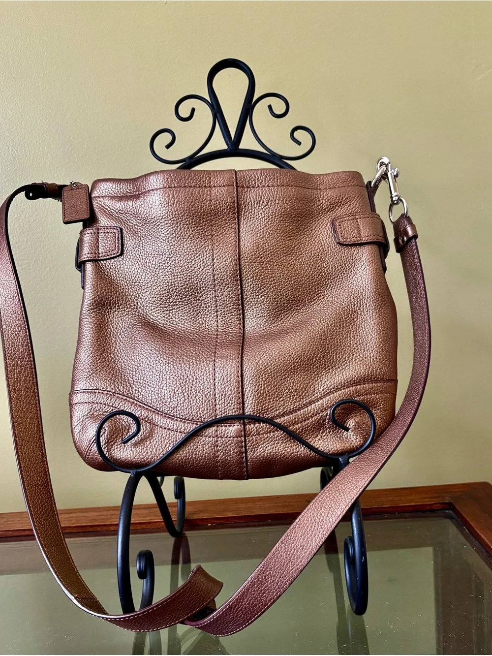 Coach Metallic Bronze Pebbled Leather Hobo Shoulder Bag with Chain Charm - Picture 4 of 13